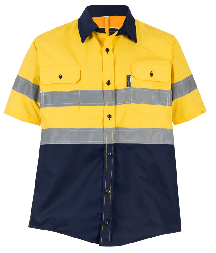 Navy/Yellow Hi-Vis Shirt 100% Cotton Short Sleeve